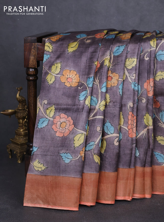 Pure tussar silk saree grey shade and peach shade with allover hand painted prints and zari woven border