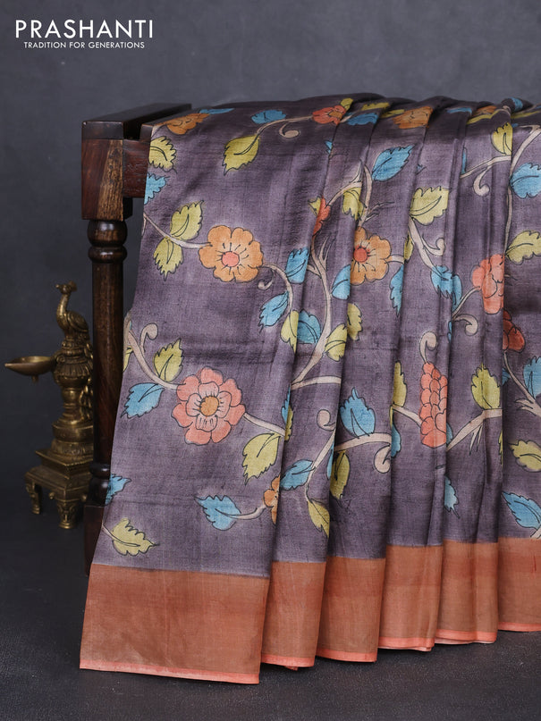 Pure tussar silk saree grey shade and peach shade with allover hand painted prints and zari woven border