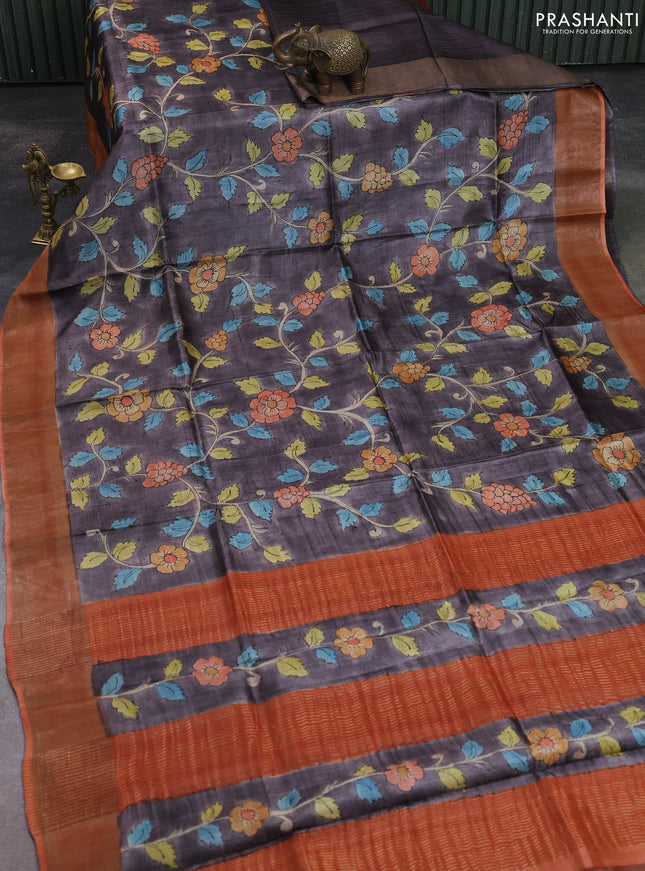 Pure tussar silk saree grey shade and peach shade with allover hand painted prints and zari woven border