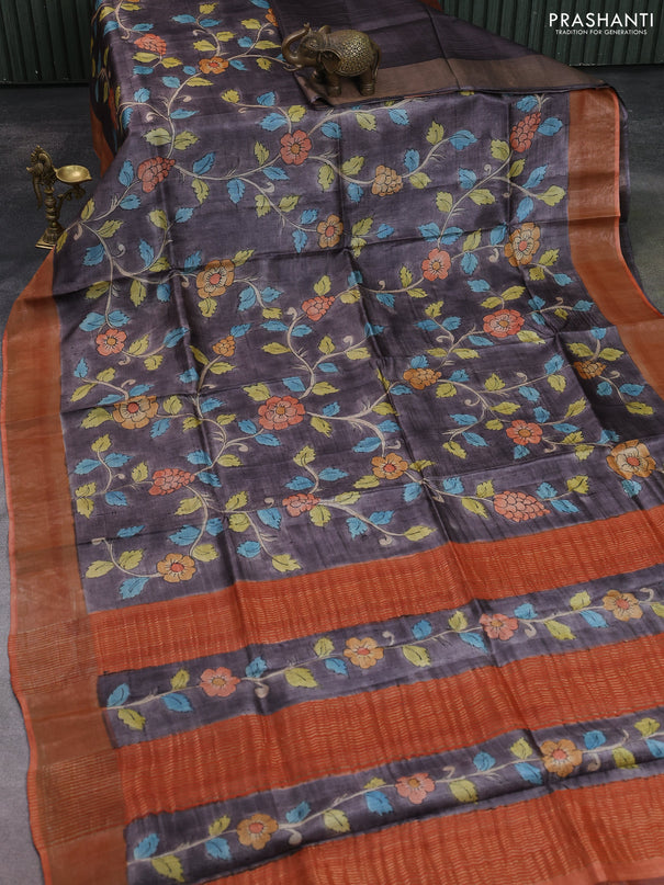 Pure tussar silk saree grey shade and peach shade with allover hand painted prints and zari woven border