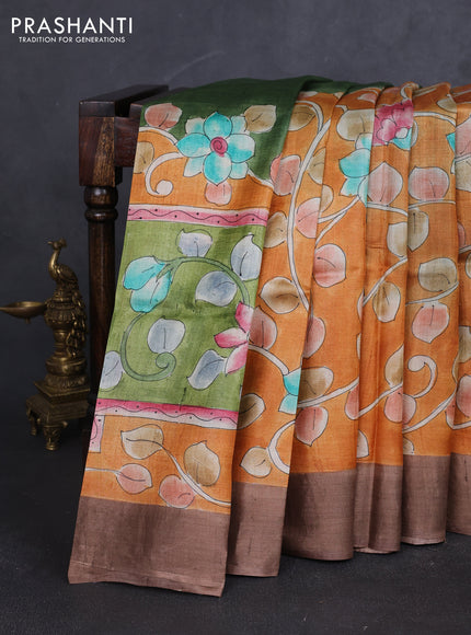 Pure tussar silk saree orange and brown with allover pichwai hand painted prints and zari woven border