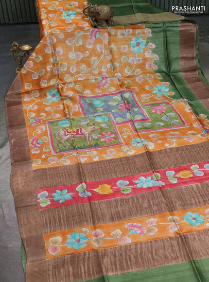 Pure tussar silk saree orange and brown with allover pichwai hand painted prints and zari woven border