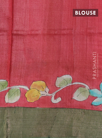 Pure tussar silk saree orange and brown with allover pichwai hand painted prints and zari woven border