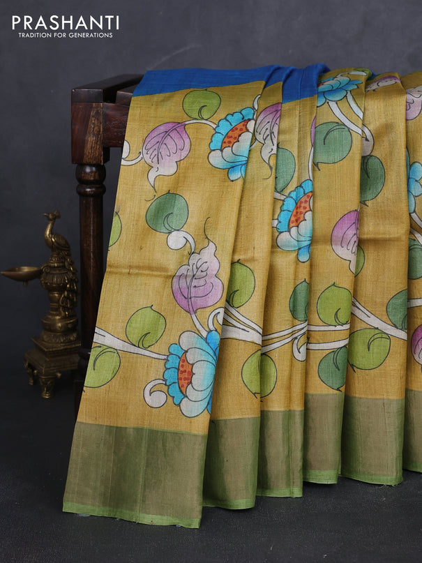 Pure tussar silk saree mustard yellow and pastel green with allover kalamkari hand painted prints and zari woven border