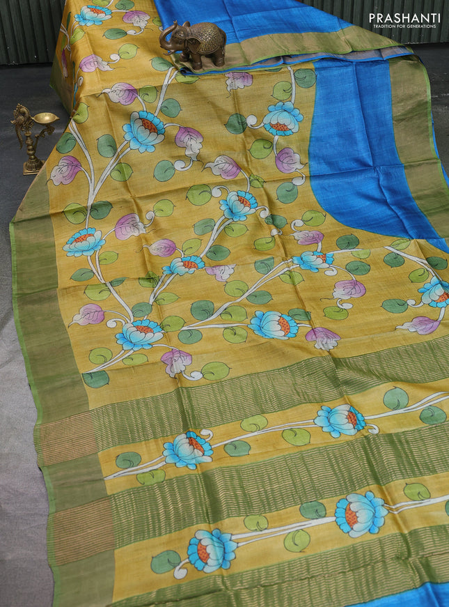 Pure tussar silk saree mustard yellow and pastel green with allover kalamkari hand painted prints and zari woven border