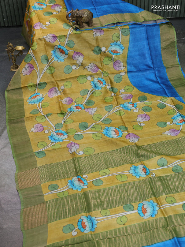 Pure tussar silk saree mustard yellow and pastel green with allover kalamkari hand painted prints and zari woven border