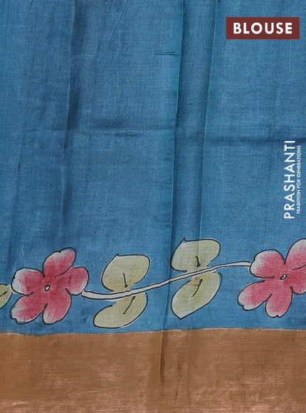 Pure tussar silk saree pastel green and peach shade with allover hand painted prints and zari woven border