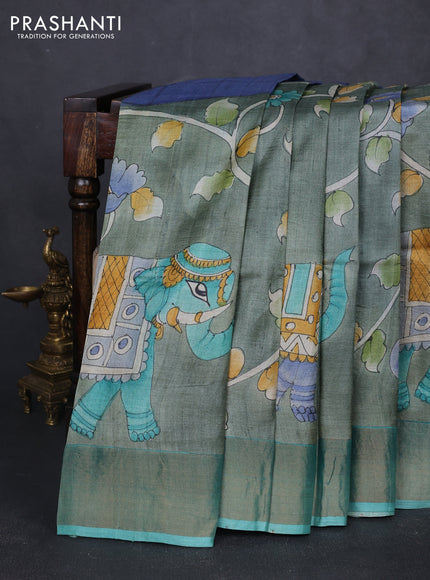 Pure tussar silk saree pastel green and teal green with allover kalamkari hand painted prints and zari woven border