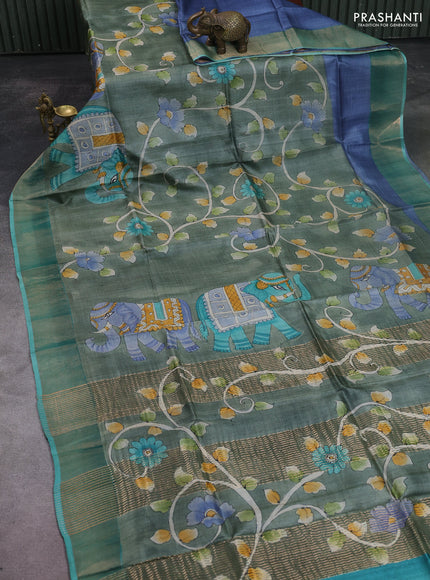 Pure tussar silk saree pastel green and teal green with allover kalamkari hand painted prints and zari woven border
