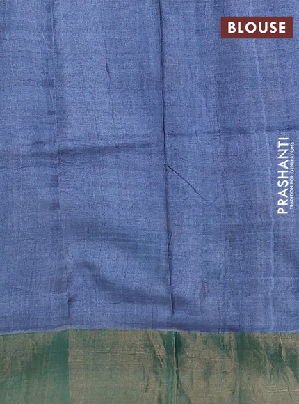 Pure tussar silk saree pastel green and teal green with allover kalamkari hand painted prints and zari woven border