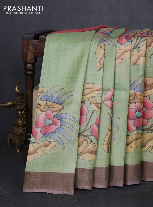 Pure tussar silk saree pista green and brown with allover hand painted prints and zari woven border