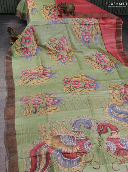 Pure tussar silk saree pista green and brown with allover hand painted prints and zari woven border