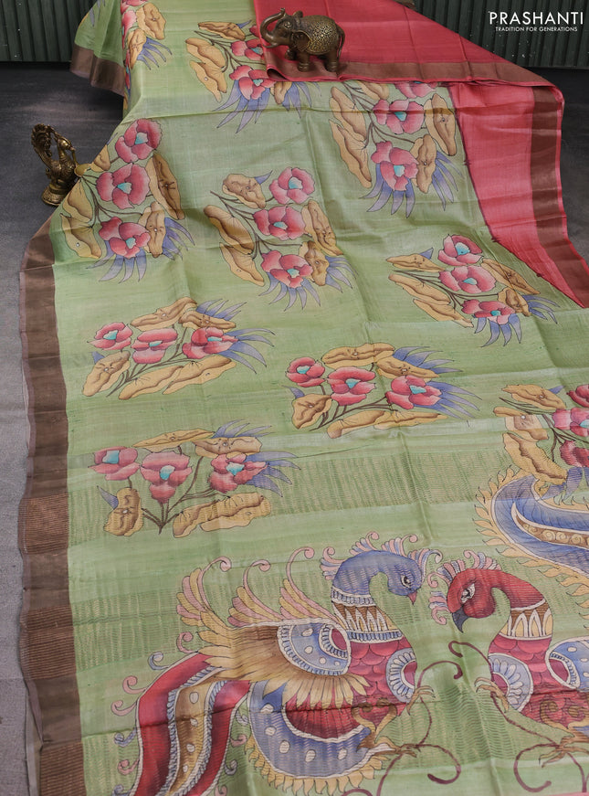 Pure tussar silk saree pista green and brown with allover hand painted prints and zari woven border