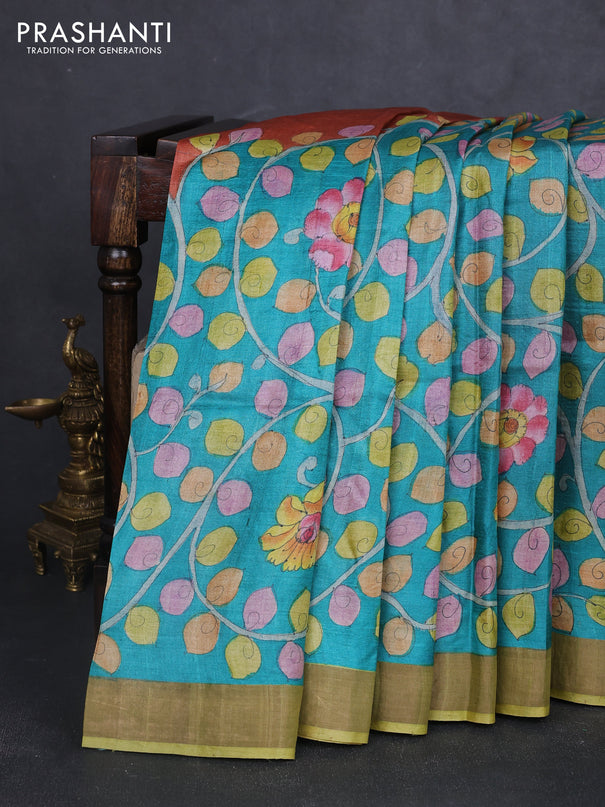 Pure tussar silk saree teal green and mehendi green with allover hand painted prints and zari woven border