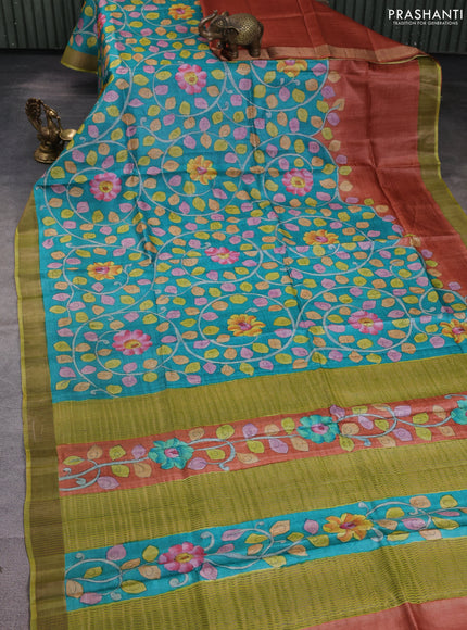 Pure tussar silk saree teal green and mehendi green with allover hand painted prints and zari woven border