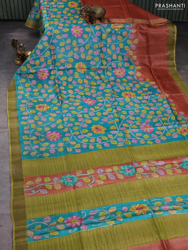 Pure tussar silk saree teal green and mehendi green with allover hand painted prints and zari woven border