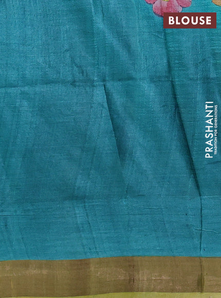 Pure tussar silk saree teal green and mehendi green with allover hand painted prints and zari woven border