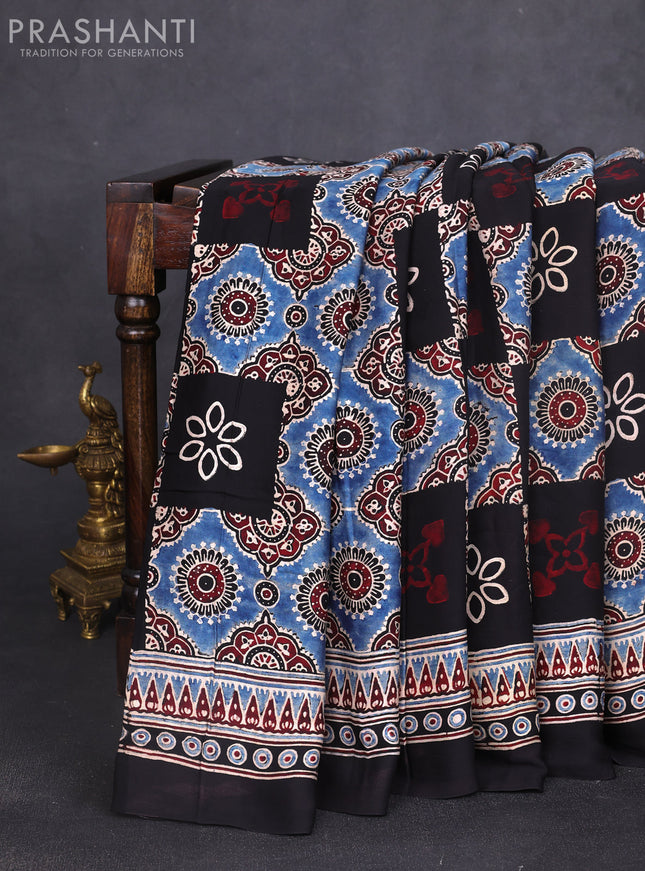 Modal silk saree black and maroon with allover ajrak prints and zari woven pallu