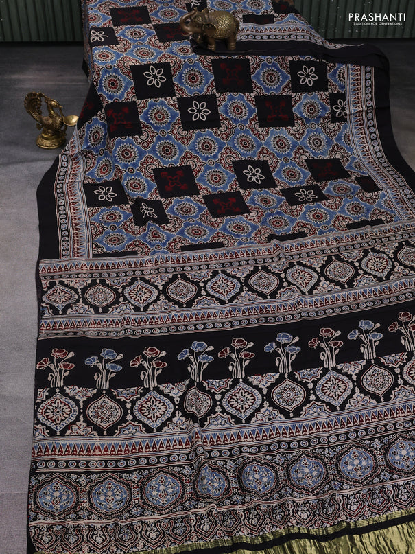 Modal silk saree black and maroon with allover ajrak prints and zari woven pallu