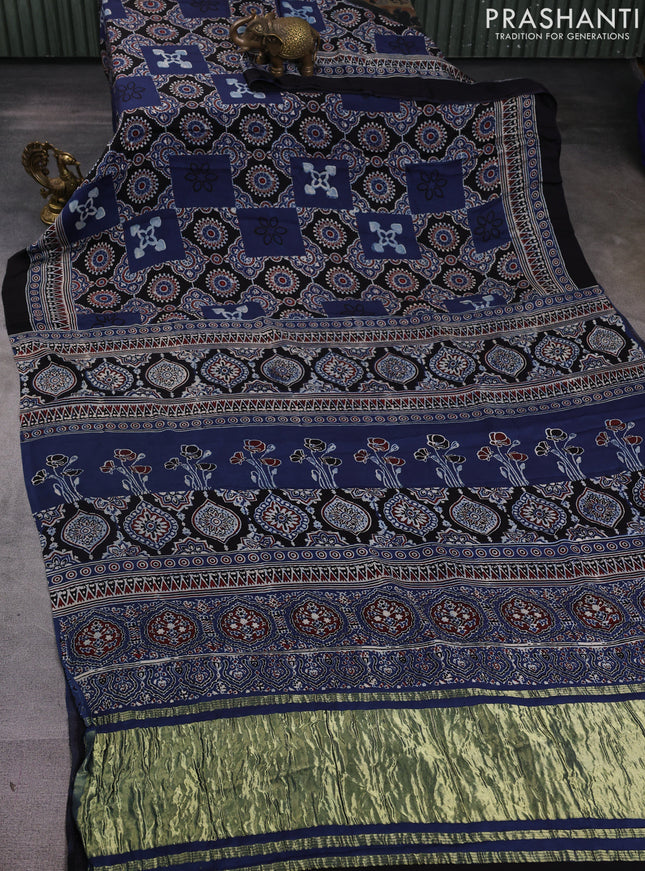 Modal silk saree indigo blue and black with allover ajrak prints and zari woven pallu