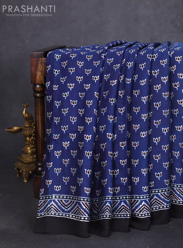 Modal silk saree indigo blue and black with allover ajrak prints and zari woven pallu
