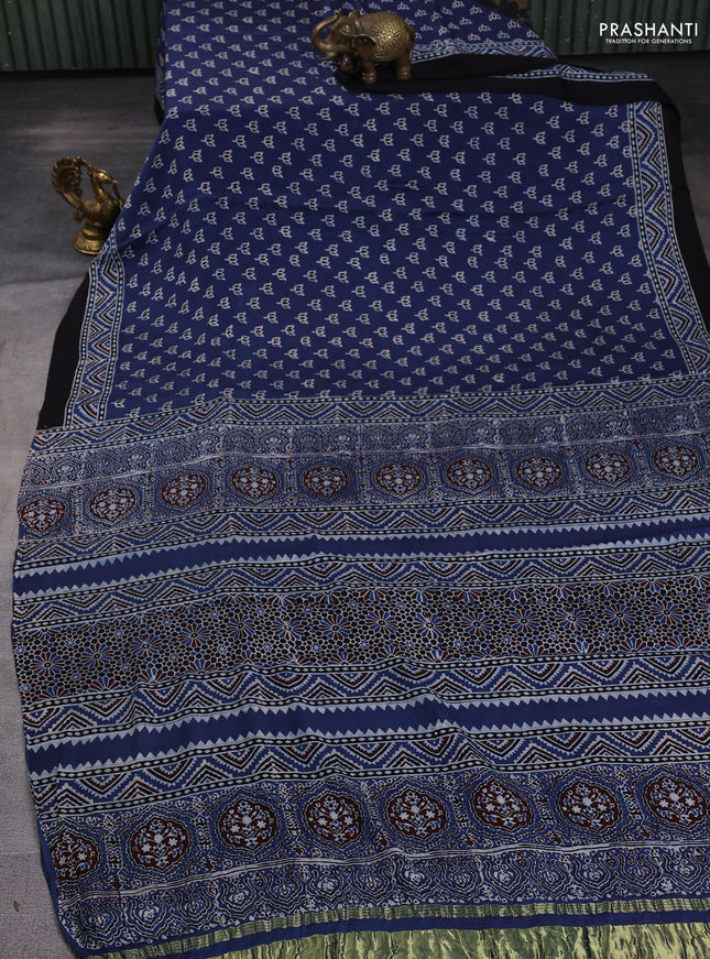 Modal silk saree indigo blue and black with allover ajrak prints and zari woven pallu