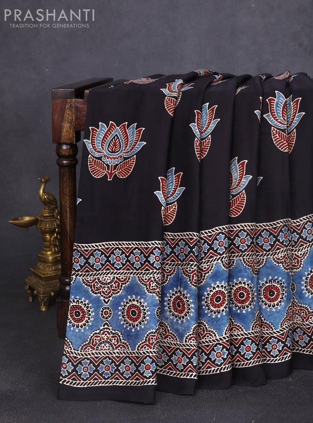Modal silk saree black and grey with allover ajrak butta prints and zari woven pallu