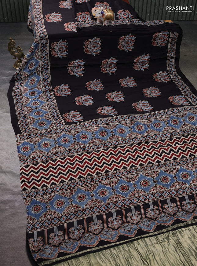 Modal silk saree black and grey with allover ajrak butta prints and zari woven pallu