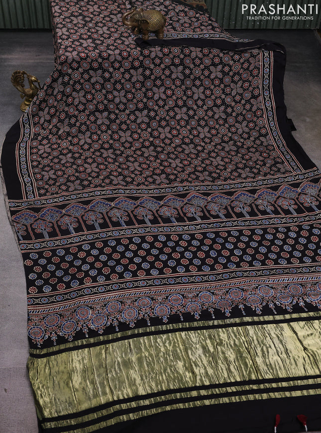 Modal silk saree black and maroon with allover ajrak prints and zari woven pallu