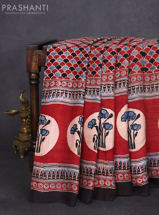 Modal silk saree maroon and black with allover ajrak prints and zari woven pallu
