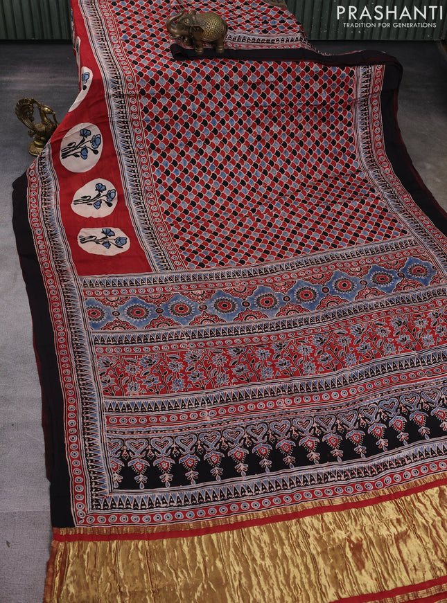 Modal silk saree maroon and black with allover ajrak prints and zari woven pallu