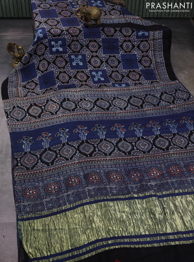 Modal silk saree indigo blue and black with allover ajrak prints and zari woven pallu