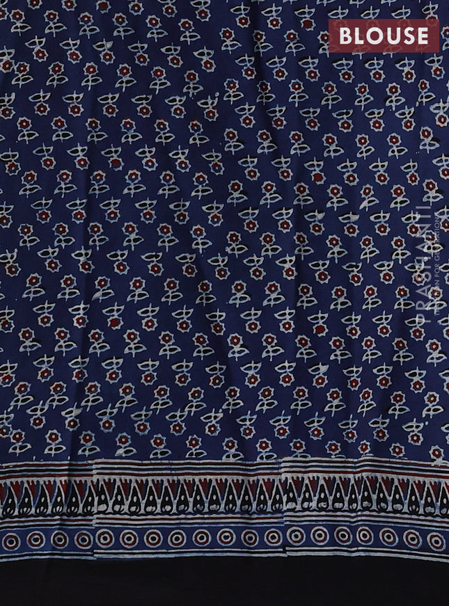 Modal silk saree indigo blue and black with allover ajrak prints and zari woven pallu