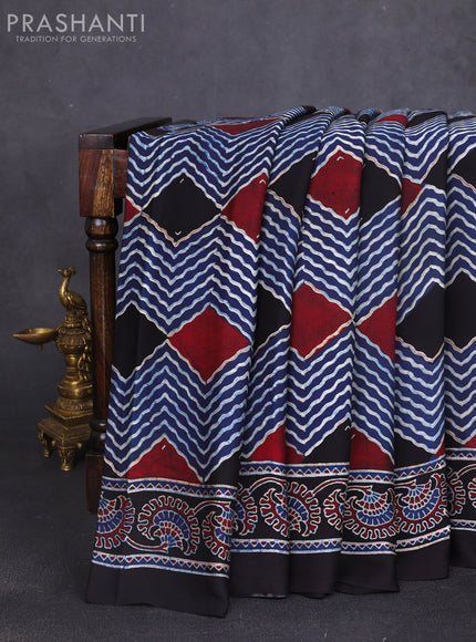 Modal silk saree black and maroon with allover ajrak prints and zari woven pallu