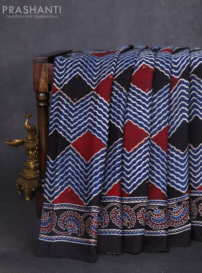 Modal silk saree black and maroon with allover ajrak prints and zari woven pallu