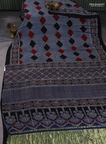 Modal silk saree black and maroon with allover ajrak prints and zari woven pallu