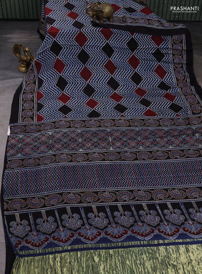 Modal silk saree black and maroon with allover ajrak prints and zari woven pallu
