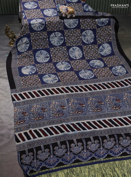 Modal silk saree indigo blue and black with allover ajrak butta prints and zari woven pallu