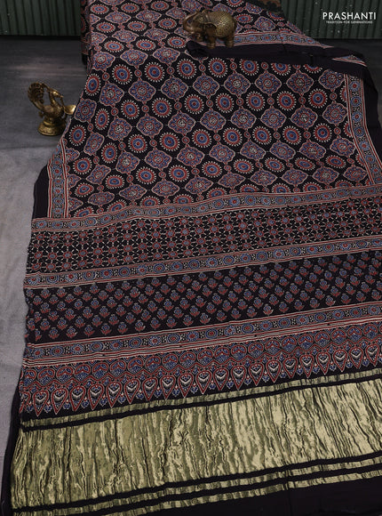 Modal silk saree black with allover ajrak prints and zari woven pallu