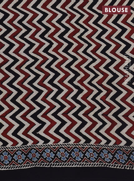 Modal silk saree black and indigo blue with allover ajrak prints and zari woven pallu