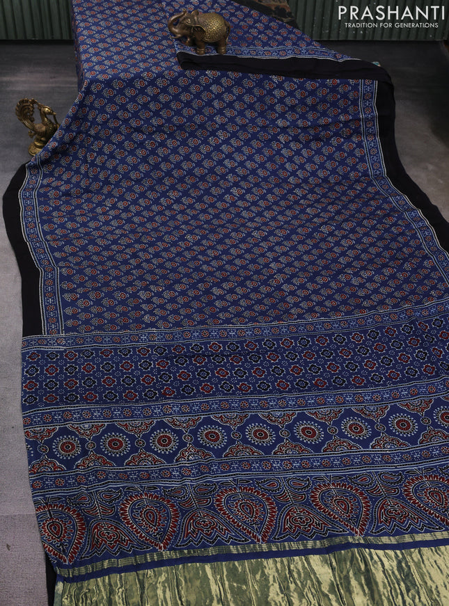 Modal silk saree indigo blue and black with allover ajrak prints and zari woven pallu