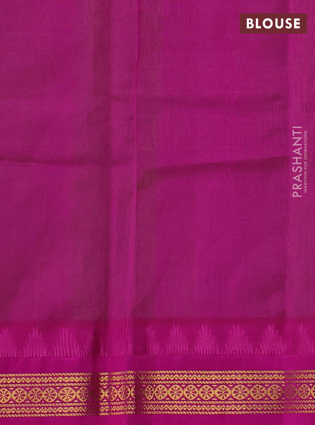 Kuppadam silk cotton saree light green and pink with allover zari checks & lakshadeepam weaves and temple design zari woven border