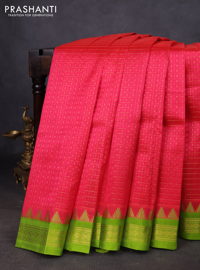 Kuppadam silk cotton saree pink and light green with allover zari checks & lakshadeepam weaves and temple design zari woven border
