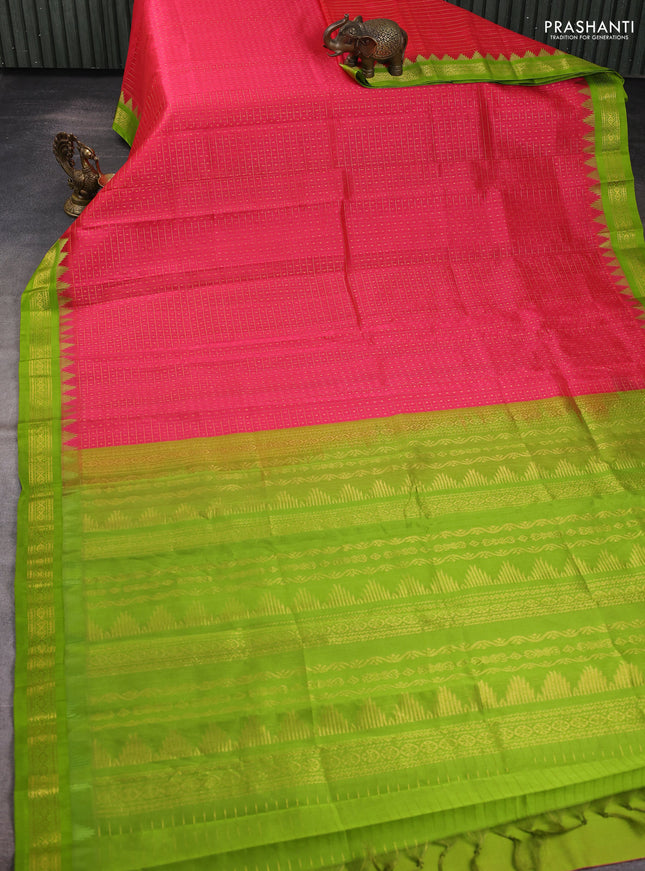 Kuppadam silk cotton saree pink and light green with allover zari checks & lakshadeepam weaves and temple design zari woven border