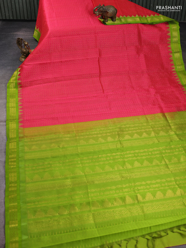 Kuppadam silk cotton saree pink and light green with allover zari checks & lakshadeepam weaves and temple design zari woven border