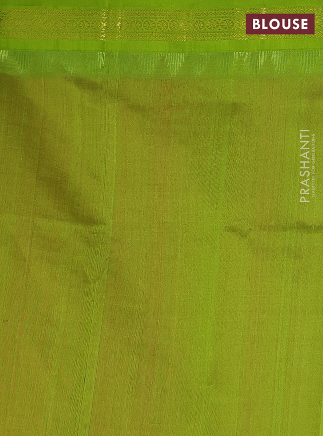 Kuppadam silk cotton saree pink and light green with allover zari checks & lakshadeepam weaves and temple design zari woven border