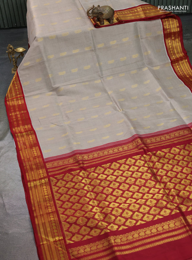 Kuppadam silk cotton saree grey and maroon with paisley zari woven buttas and zari woven korvai border