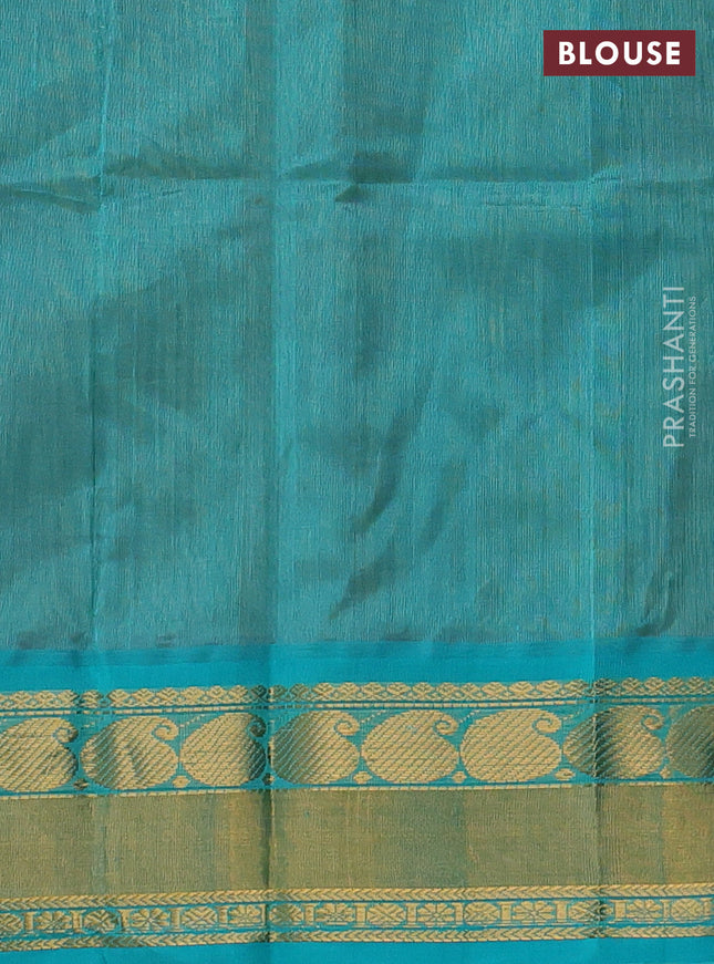 Kuppadam silk cotton saree mango yellow and teal blue with plain body and paisley zari woven border