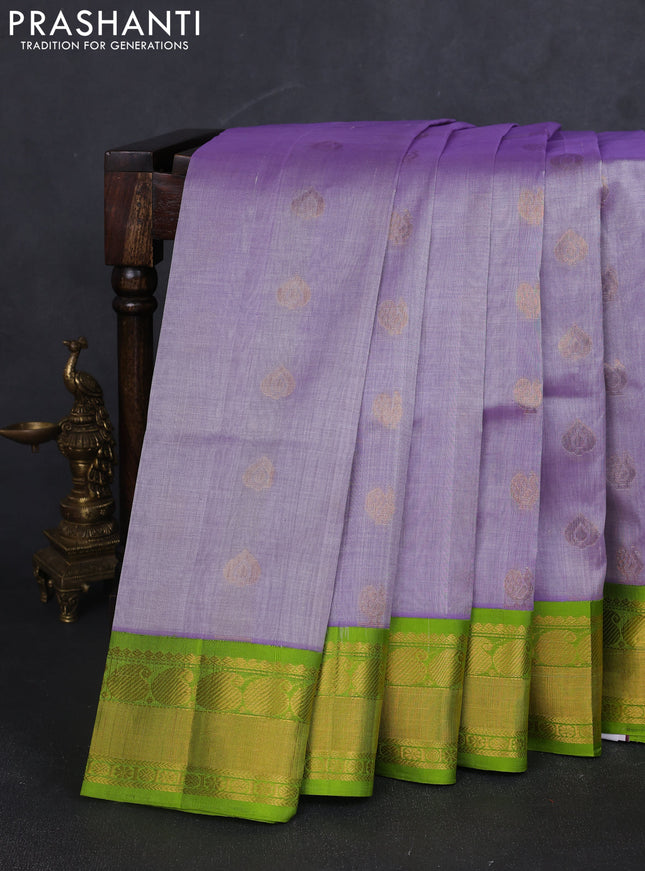 Kuppadam silk cotton saree pastel lavender and fluorescent green with annam zari woven buttas and paisley zari woven border