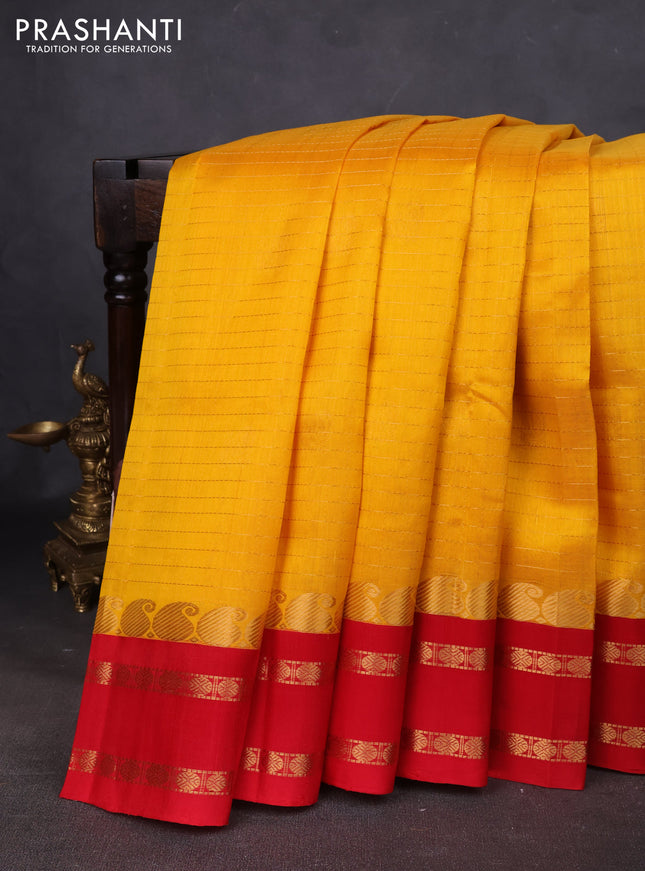 Kuppadam silk cotton saree mango yellow and red with allover zari checks & buttas and paisley zari woven border